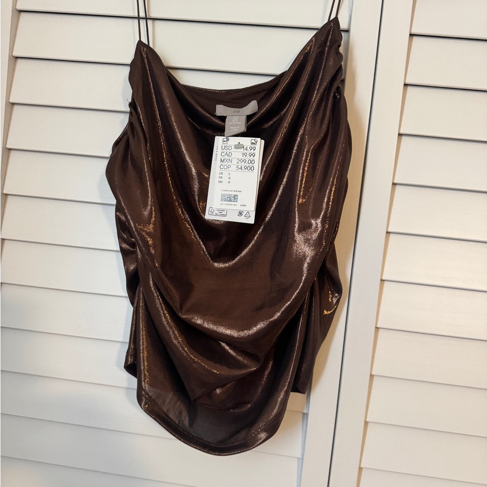 Shiny Brown Cowl Neck Top spaghetti strap